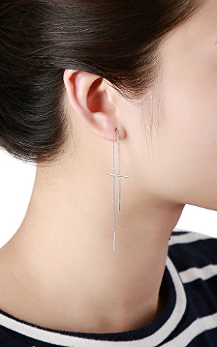 Epinki Gold Plated Earrings, Womens Long Chain Cross Silver Threader Dangle Earring   s