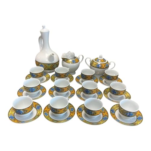 Ethiopian Coffee Set, 41-Piece Traditional Ceramic Set with Jebena Pot, Decorative Cups and Saucers...
