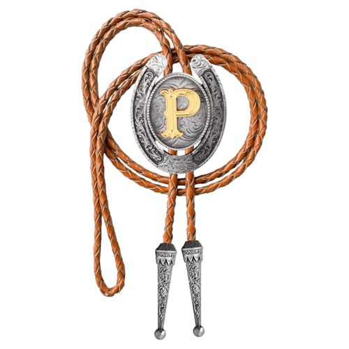 Image of Vintage Western Cowboy Monogram Initial Letter Bolo Tie for Men | Premium brown braided leather, adjustable sliding clasp, anti-tarnish alloy pendant, versatile A-Z western bolo tie