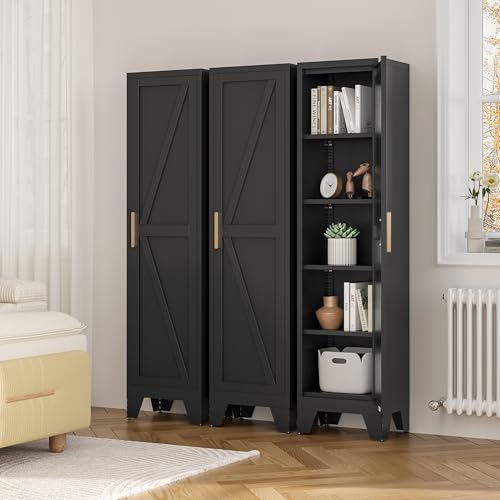 Image of LCAOPC 67 inch Tall Narrow Bathroom Metal Storage Cabinet with 4 Adjustable Shelves, Freestanding 5 Tier Slim Pantry Storage Cabinet for Small Space, Black