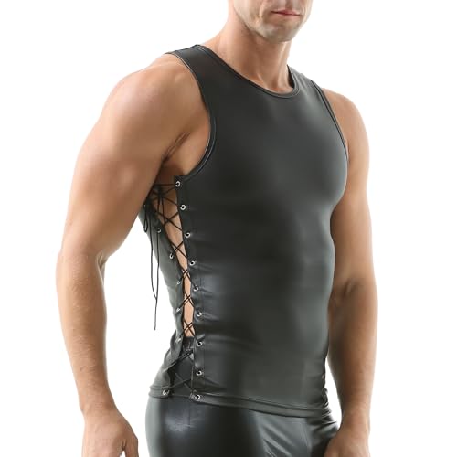 YUFEIDA Men's Faux Leather Undershirts Sleeveless Tank Tops Muscle Fit Waistcoat Tops Fashion Undershirts