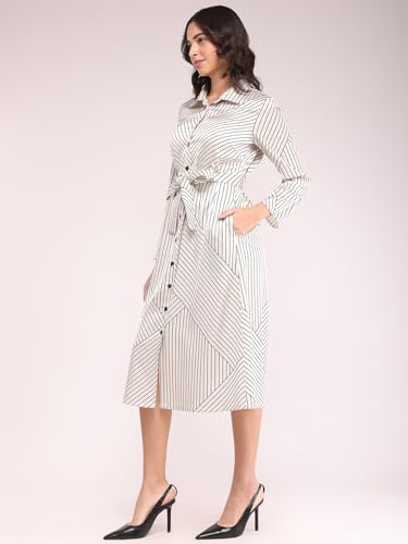 Image of FableStreet Women Formal Dress | Notch Collar Wrap Midi Dress with Self-Tie Belt & Button-Front | Smooth Viscose Rayon Fabric for Workwear & Day-to-Night Elegance