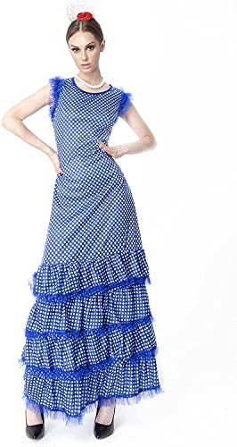 Carnavalife Vestido Flamenca Mujer para Disfraz de Sevillana, Traje Flamenca para Mujer de Feria, Disfraz Vestido Negro para Adultos, Talla L y XL (L, Azul)