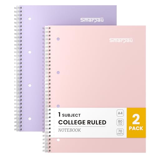 Smarpau Notebook A4, 8 mm Lined with Margin, 2 Pack Wirebound Notebook with 80GSM Paper, 140 Pages College Ruled Journal with Perforated Edges - Pink+Purple