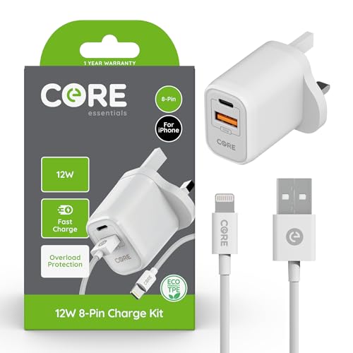 Core Essentials | 8-Pin Charge Kit | Fast Charging 12W | Smartphone & Device Charging Kit |Includes Plug + Cable | 1 Year Warranty
