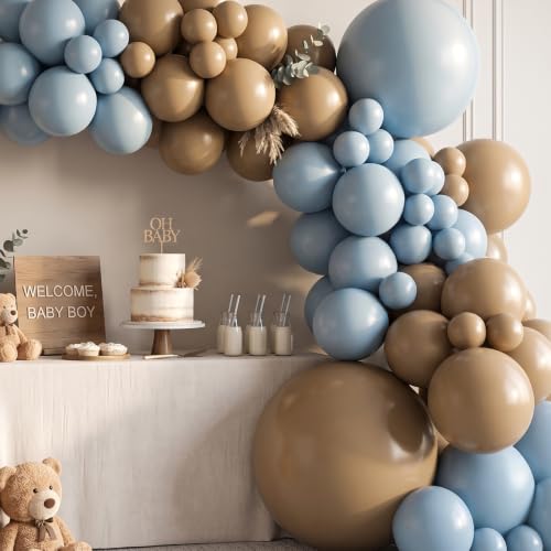 Image of 130pcs 18 /12 /10 /5 Inch Dusty Blue and Khaki Balloon Garland Arch Kit | Assorted Balloons for Boho Bear Boy Baby Shower, Neutral Woodland Birthday, Rustic Wedding Party Decorations