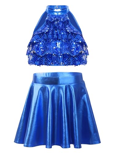 Jupes de danse latine américaine bleu royal avec ensemble crop top de gym
