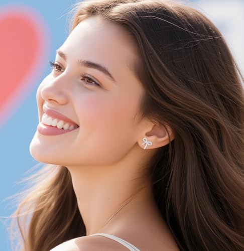 Reffeer Solid 925 Sterling Silver CZ Bow Stud Earrings for Women Teens Ribbon Stud Earrings Bowknot3