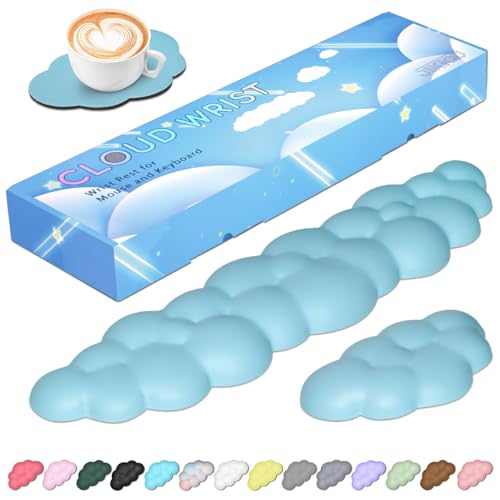 Image of JIKIOU Upgrade Leather Cloud Wrist Rest for Keyboard and Mouse & Cup Pad | Wish Gift-Cute Cloud Shape, Comfortable and don't Irritate to Skin, Non-Slip PU Base,Soft Memory Foam filled for Pain Relief
