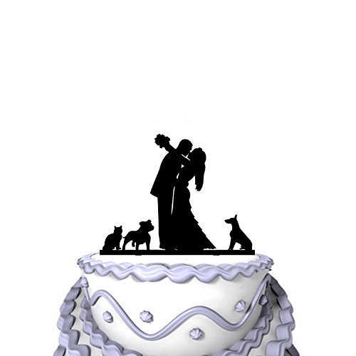 Meijiafei Wedding Cake Topper - Kissing Bride and Groom with 2 Dog and Cat Silhouette