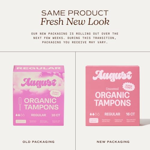Image of August Organic Cotton Tampons, 96 Regular Tampons Made with Organic Cotton, Long Applicators, Non-Toxic, Fragrance & Chlorine-Free, Hypoallergenic (6 Boxes of 16 /12 Boxes of 8)