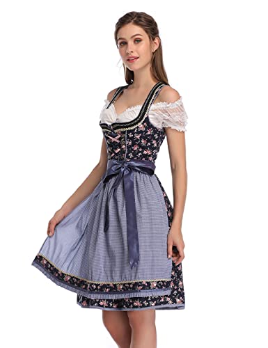 KOJOOIN Women Traditional Dirndl Oktoberfest Costume 3 Pieces Fancy Midi Skirt - Dress, Blouse, Apron Navyblue-Pink UK L