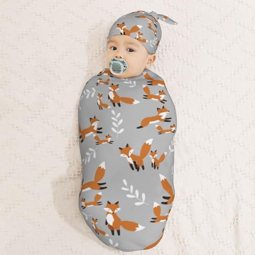 Image of Cute Foxes Leaves Gray Newborn Swaddle Blankets Hat Sets Soft Baby Receiving Blanket Swaddle Sack for Baby Shower Infant Boy Girl Gift