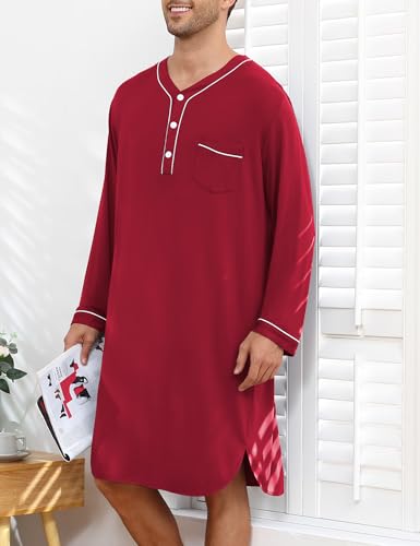 SWOMOG Men's Nightshirt Long Sleeve Nightgown Soft Loose Sleepwear Lightweight Nightwear Comfy Henley Sleep Shirt M-3XL3