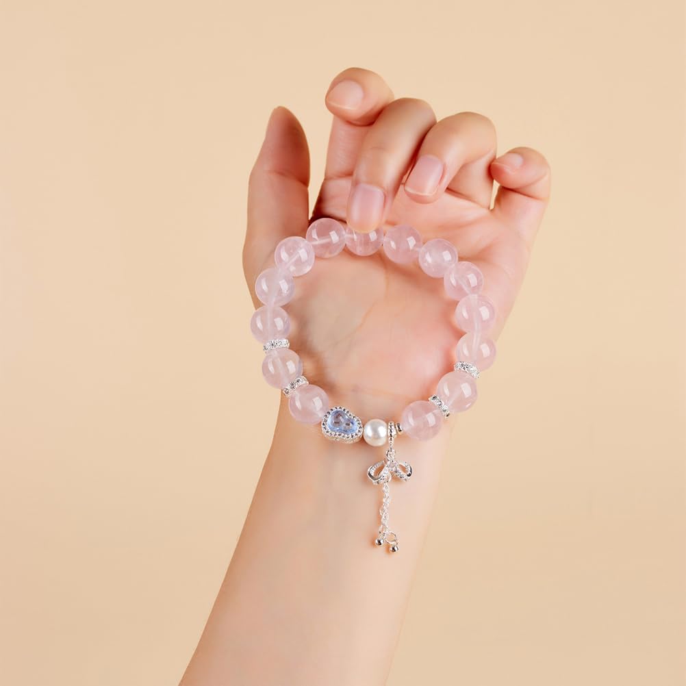 Pulsera de Piedra de Cuarzo Rosa Natural, Brazalete elástico con Cuentas de Feng Shui de la Suerte, Regalo de joyería de Aniversario de cumpleaños del día de la Madre para Mujeres