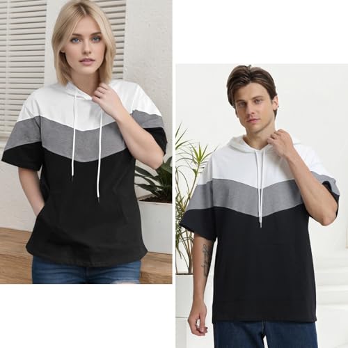 Mens Short Sleeve Hoodie Soft Cotton Color Block T-Shirt Pullover Big Pocket Half Sleeve Summer Sweatshirt4