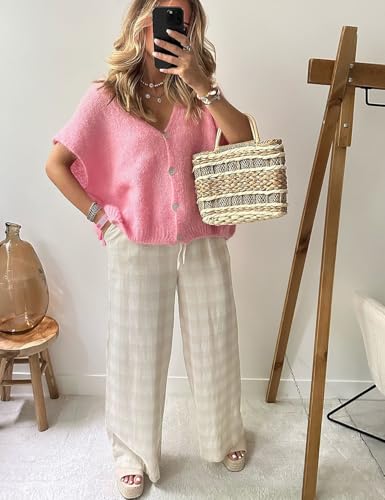 Image of Gihuo Women's Short Sleeve Sweater Cardigan Y2K Button Down Ribbed Knit Sweaters V Neck Oversized Going Out Tops(Pink-M)