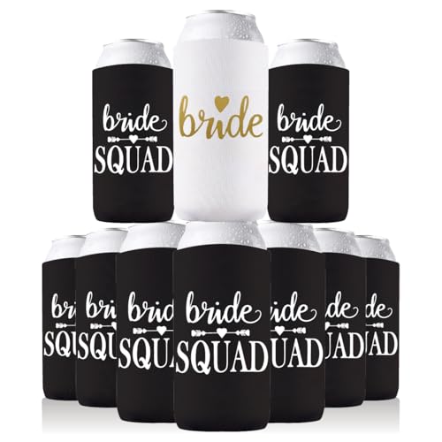 Image of PartyGifts&Beyond Bridesmaid Gifts Can Cooler 10Packs Bachelorette Party Decorations Slim Can Cooler Bride Squad Can Sleeves(Black)
