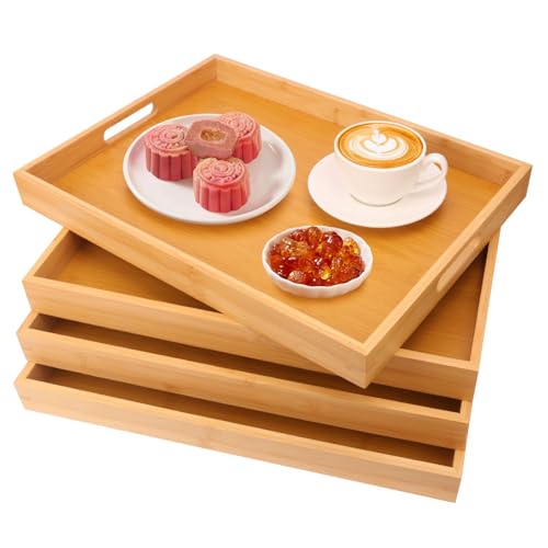 4 Pack Large Bamboo Serving Tray with Handles