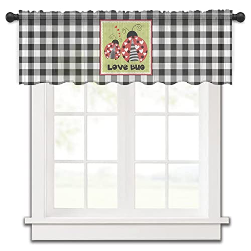 Sheer Valance, Valentine's Day Love Ladybug Heart Valance Curtains For Kitchen Bathroom, Black White Check Voile Window Curtain Tier Linen Semi Window Treatment Rod Pocket Valance, 1 Panel 54X18 Inch #TOP24