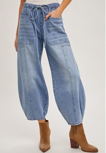 Women Barrel Jeans Casual Wide Leg Baggy Elastic Low Rise Boyfriend Y2k Loose Denim Pants with Drawstring2