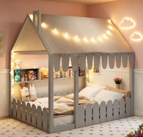 Bellemave Full House Floor Bed with Rail for Kids, Wood Montessori Floor beds with LED and Shelf and Tent for Kids, no slats Gray