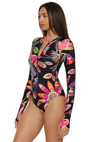 Trina Turk Women's Paddle One Piece Swimsuit, Rash Guard, Uv Protection, Zip Front, Long Sleeve, Bathing Suits2