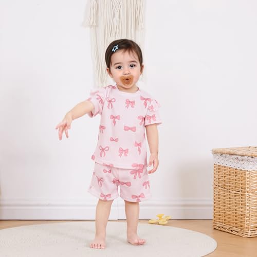 NZNDSHD Toddler Baby Girl Clothes Summer Bow Print Short Sleeve T-Shirt Tops Pockets Shorts Set Waffle Knit Outfit2