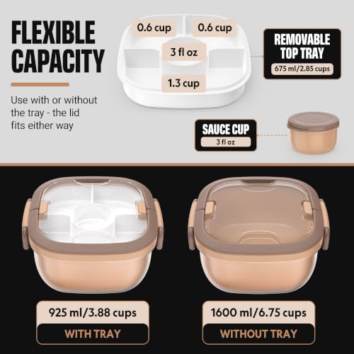Image of Salad Container with Ice Pack & Handle, 6.8 Cup / 1600ml Large Portable Salad Bowl Lunch Box with Lid, Fork Holder & Sauce Cup, 4-Compartment Removable Tray Meal Prep Bento Box, Brown