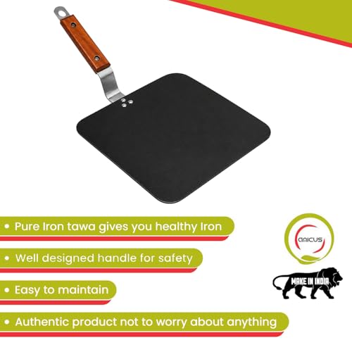 Image of amicus Pure Iron Tawa for Roti Dosa Chapati Omelette, Flat Square Iron Tava, Gas Stove Compatible, 9X9 Inch, 1.25 Kg, Black, 100% Smooth Food Grade, Multi-Purpose Tawa