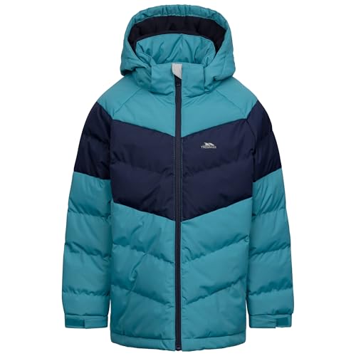 Trespass Kids Casual Jacket Aldery - Padded, Waterproof, Windproof, Detachable Hood, Elasticated Crown, Contrast Chest Panels, Adjustable Cuff, 2 Welt Pockets, 100% Polyester PVC Coated