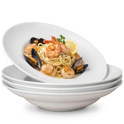 Artena Wide Rimmed Pasta Bowl, 50oz Large White Soup Bowl Set of 4, Wide and Shallow Design 10.75inch Salad Plates for Pasta, Italian, Spaghetti, Dipp
