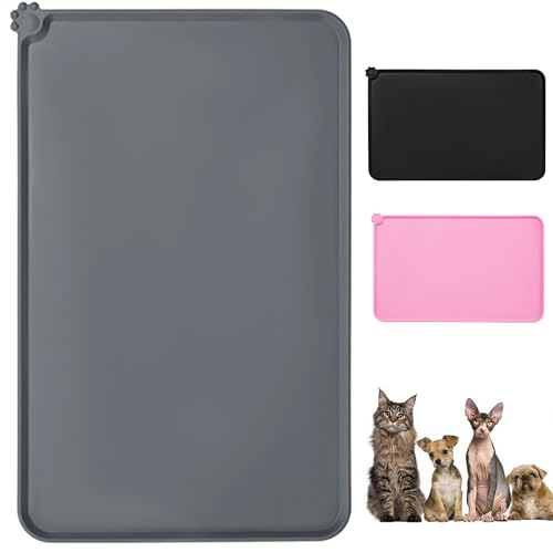 Cat & Dog Feeding Mat, Non-Slip Waterproof Silicone Pet Food and Water Bowl Mat,Durable Pet Placemat for Food and Water Bowls, Easy to Clean (Large 48x30cm) (Grey, Large)