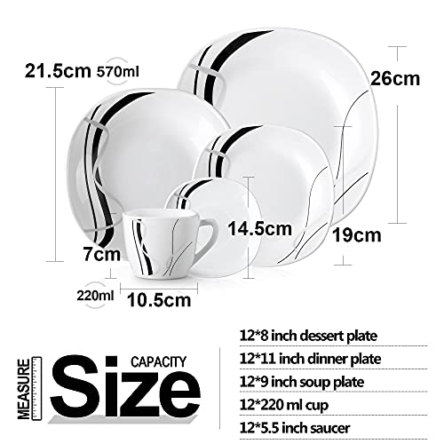 Veweet Fionaglas 60-Piece Dinnerware Set Ivory White Opal Glassware Break Resistant Dinner Sets With Dessert Plates/Soup Plates/Dinner Plates/Cups/Saucers Service For 12 #TOP2