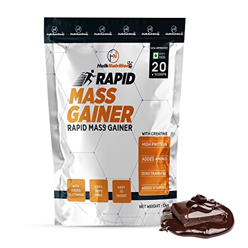 Hulk Nutrition Rapid Weight Gainer, High Protein Muscle Mass & Weight Gainer with L-Glutamine, Creatine Monohydrate, EAA & Digestive Enzymes | Post-Workout Protein Powder for Muscle Gain | Whey Protein + Muscle Builder Weight Gainer Protein Powder for Men & Women [Belgian Chocolate, 1 Kg / 2.2 lb]