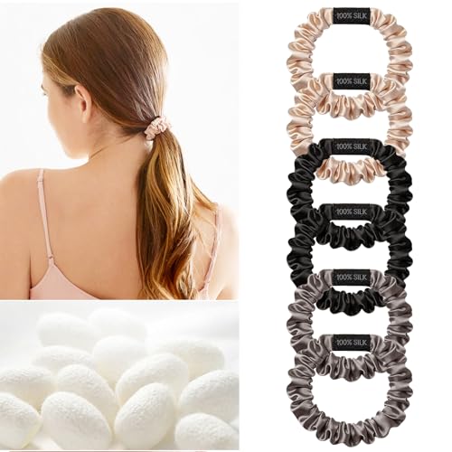 Image of THXSILK 100% Mulberry Silk Small Scrunchies 6-Pack, 25 Momme Low Profile Hair Ties for Fine Hair, Sleek No Damage Ponytail Holders for Everyday Use(Beige, Black, Charcoal)