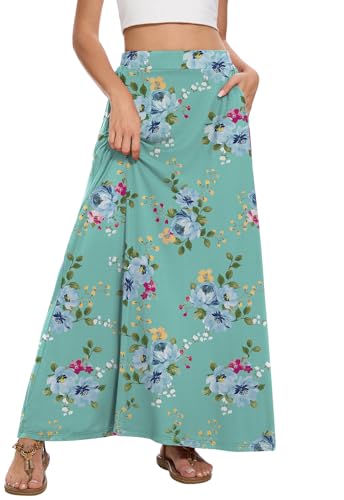 Image of Womens Maxi Skirt Long Flowy Summer A-Line High Waist Skirts | Elastic Waistband with Pockets, Lightweight Fabric, Casual Wear, Swing beach boho Outfits, Fashion Clothes