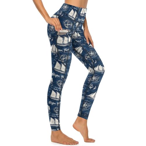 Legging bleu marine imprimé motif nautique pour femme pantalon de yoga poches