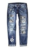 Astylish Women Floral Ripped Patchwork High Rise Washed Jeans Boyfriend Distressed Denim Pants Blue