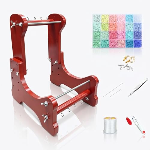 AHAFONE Adjustable Wooden Standing Bead Loom Kit 4 Length Settings 7.5-10.5 Complete with Seed Beads Needles Thread Tweezers Clasps for Jewelry Making & Weaving.Patent Pending