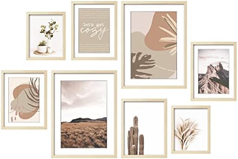 ArtbyHannah 8-Pack Neutral Gallery Wall Frame Set with Decorative Art Prints, Picture Frames Collage Wall Art Decor with Assorted Size 11x14 x2pcs, 8x10 x4pcs, 6x8 x2pcs