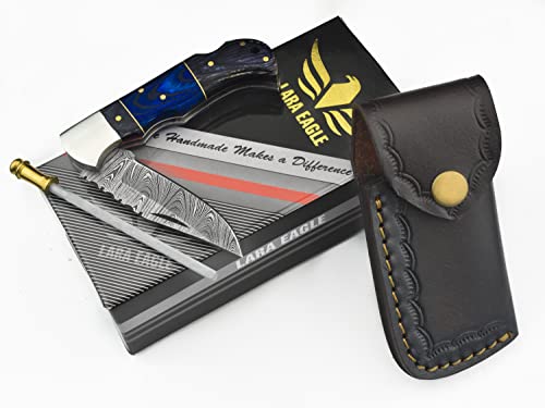 Lara Eagle Damascus Pocket Knife for Men - 133 Layer Solid Steel Handmade Folding Hunting Knives with Sharpner and Leather Pouch - Best Knife for Camping Hunting Hiking - Father’s Day Gifts for Men Husband Dad