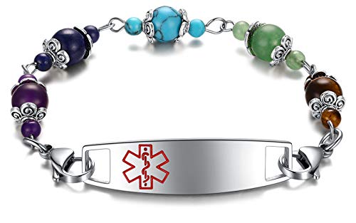 Medical Alert ID Bracelet for Women | Personalized Custom Natural Stone Beads Medical Bangle Bracelets, Free Engraving Adjustable 7.0-9.0 Inch