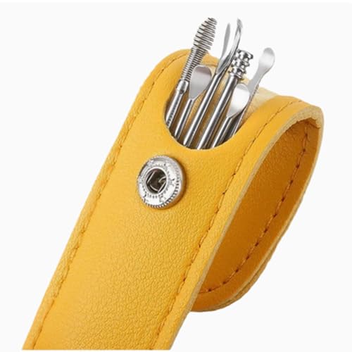 Ear Care Tool Kit, 6 Piece Stainless Steel Earpick Set with Yellow Leather Case, Ear Wax Removal Cleaner Spoon for Baby and Adults