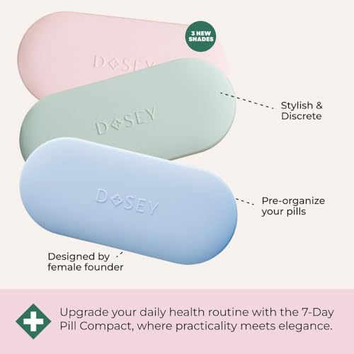 Image of Dosey 7 Day Pill Compact Travel Pill Organizer - Pill Case with 7 Pill Compartments for Medicine Storage & Protection - Stylish & Elegant Medication Organizer with Mirror, Sage