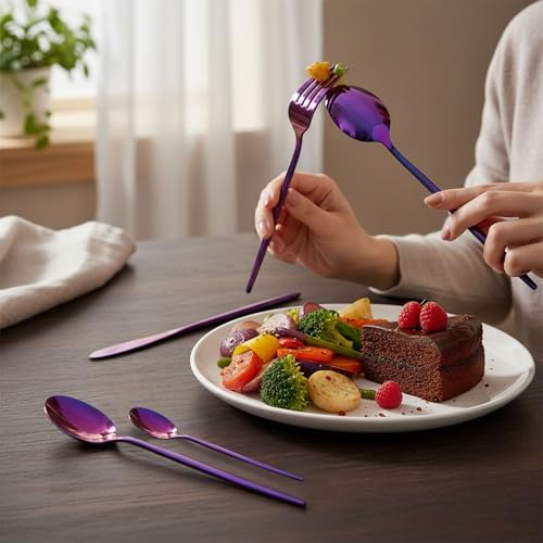 Image of 4 Pcs Pink Slim Handle Stainless Steel Cutlery Set for Dining Table with Spoon and Fork Set & Butterknife - The Perfect Tableware /Flatware