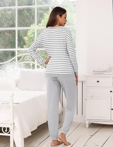 Bresdk Pyjama Damen Lang Baumwolle Frauen Nachtwäsche Baumwolle Schlafanzug mit Bündchen Grau XS 4