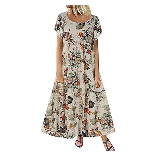 VEMOW Vestido Largo Mujer Maxi Moda Talla Grande Cuello en V, Comunion Ropa de Mujer Verano Informal Suelto de Manga Corta con Estampado de Lunares Bohemio de Falda Cami con Empalme
