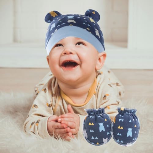 Soft Breathable Baby Hat and Mittens Set for Newborns Cotton Comfortable Fetal Caps Gentle Protections for 0-6 Months4