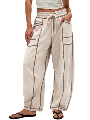 ATHMILE Barrel Sweatpants Women Baggy Pants Wide Leg Casual Lounge Drawstring Sweatpants with Pockets 2026 Light Khaki